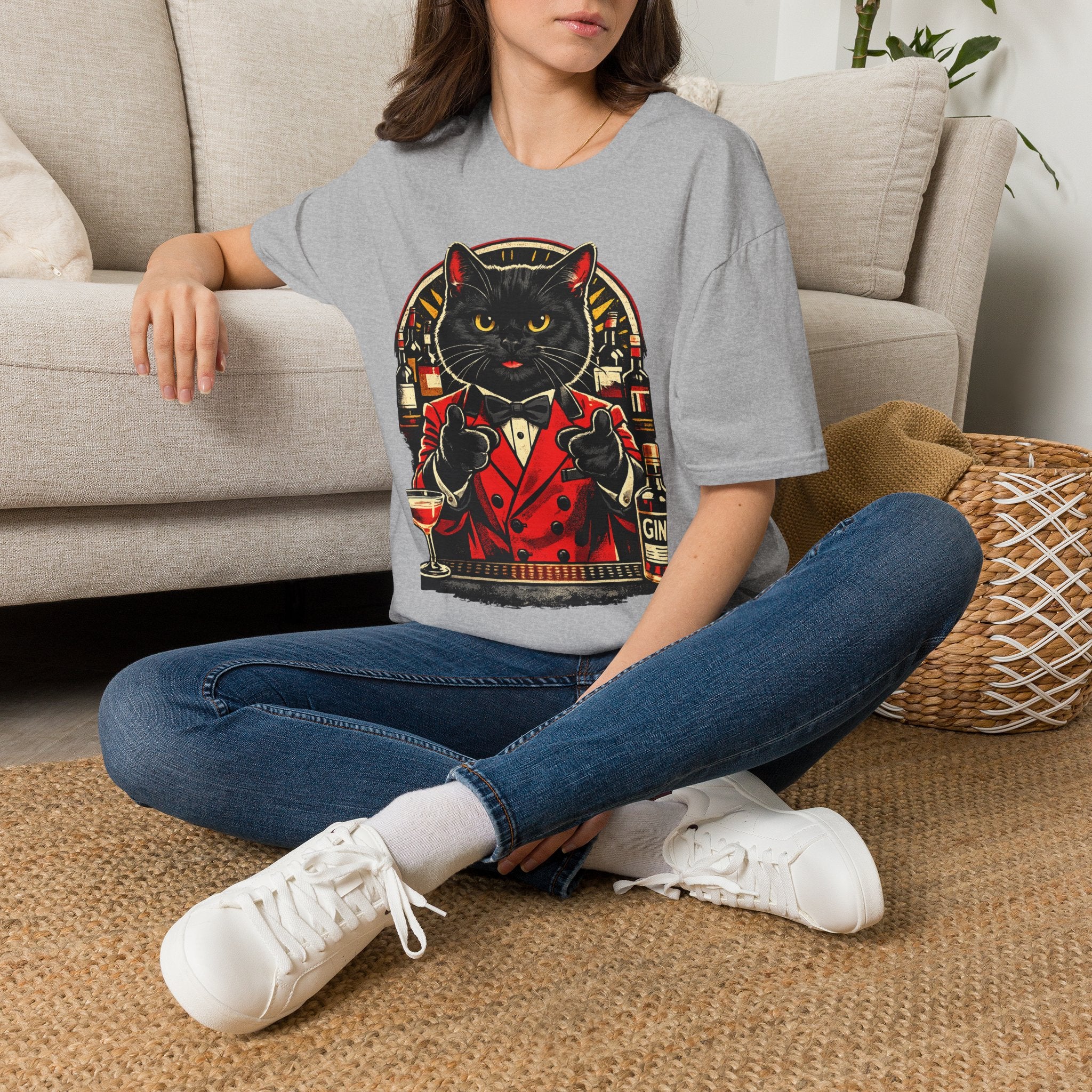 Isaac Cat Bartender T-Shirt — Vintage Gin Lounge Cat Design