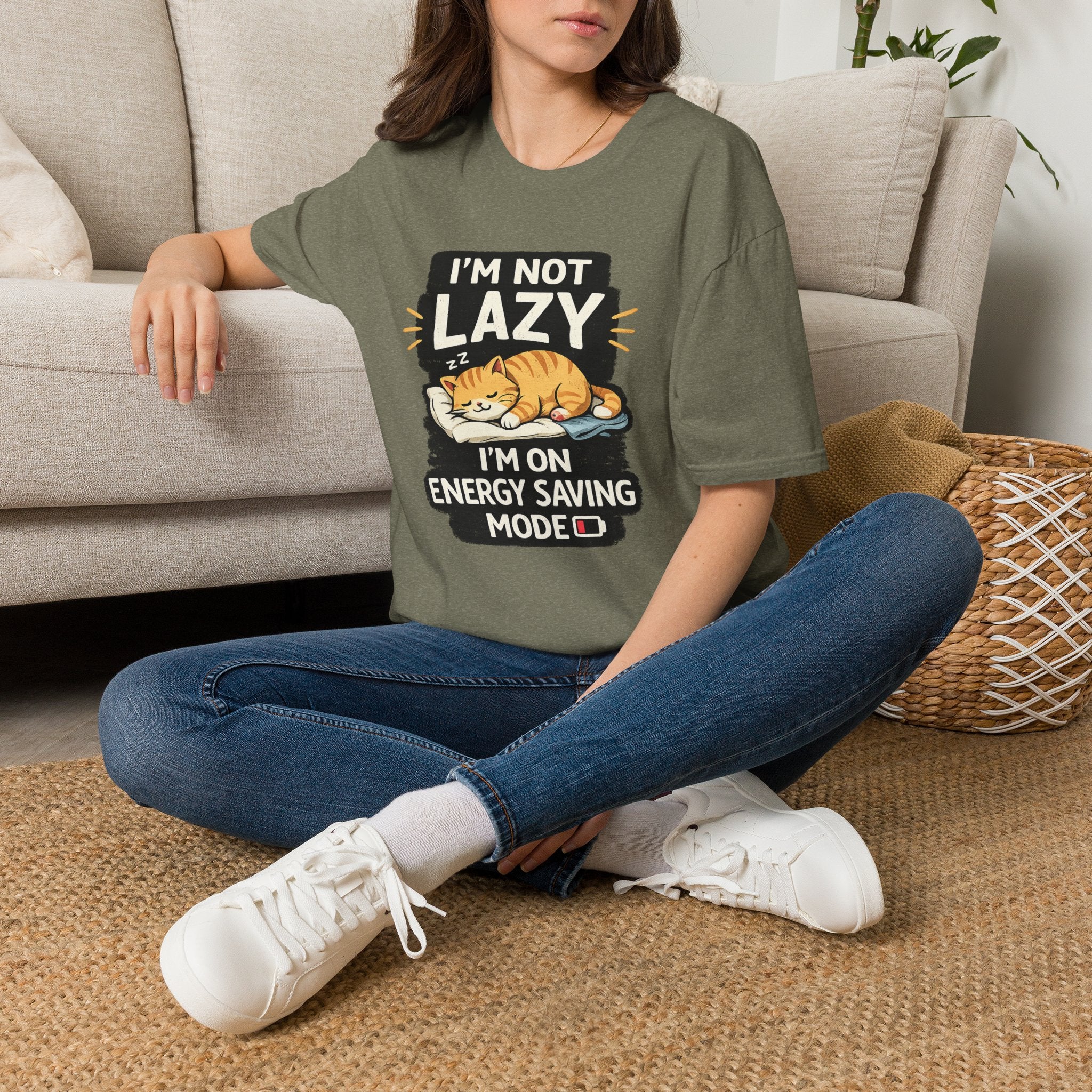 I'm Not Lazy Cat T-Shirt - "I'm On Energy Saving Mode" Funny Cat Graphic Tee