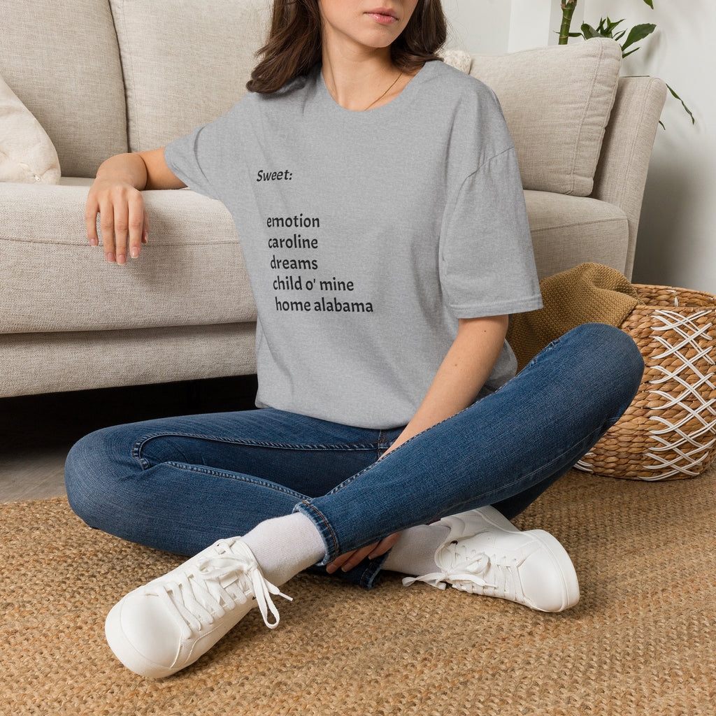 T-Shirt — Minimal “Sweet:” Tracklist Tee (emotion, caroline, dreams, child of mine, home alabama)