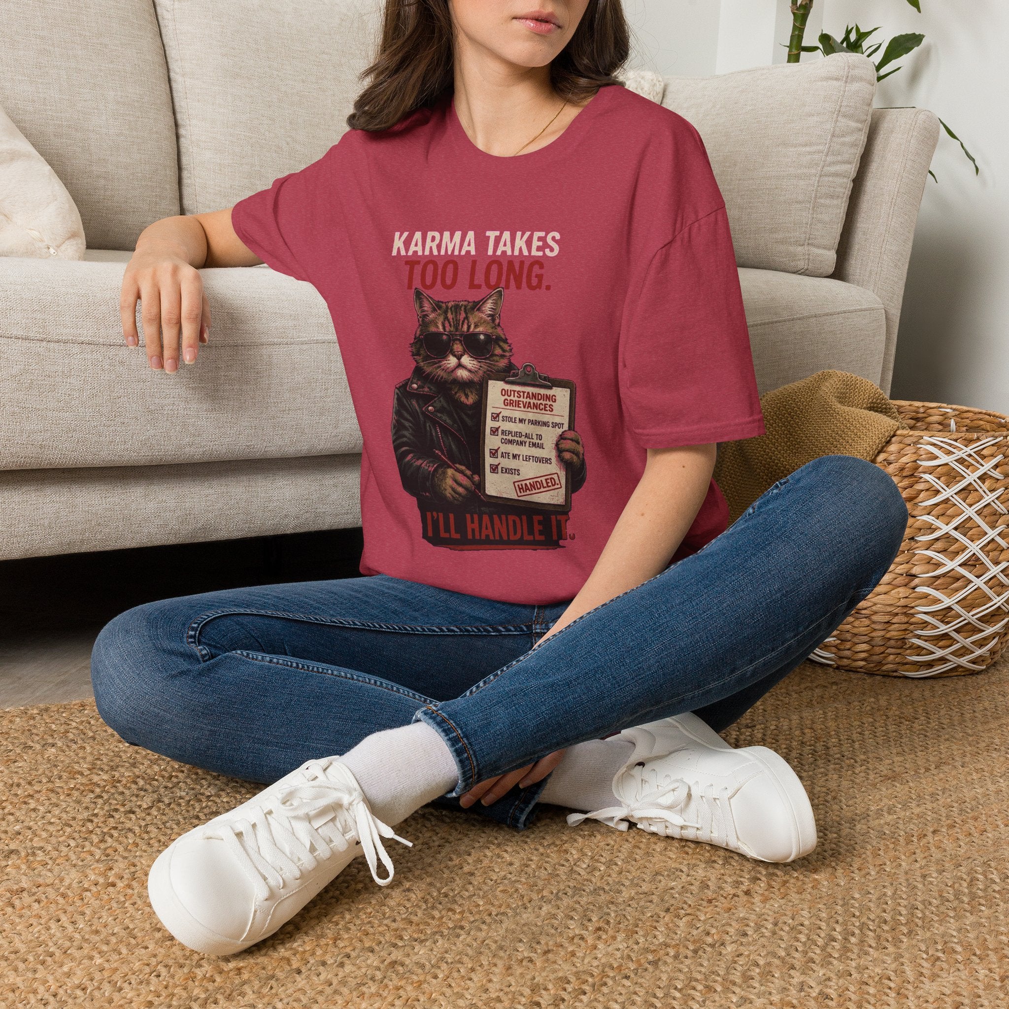 Cat Graphic T-Shirt — "Karma Takes Too Long" Funny Vintage Cat Tee