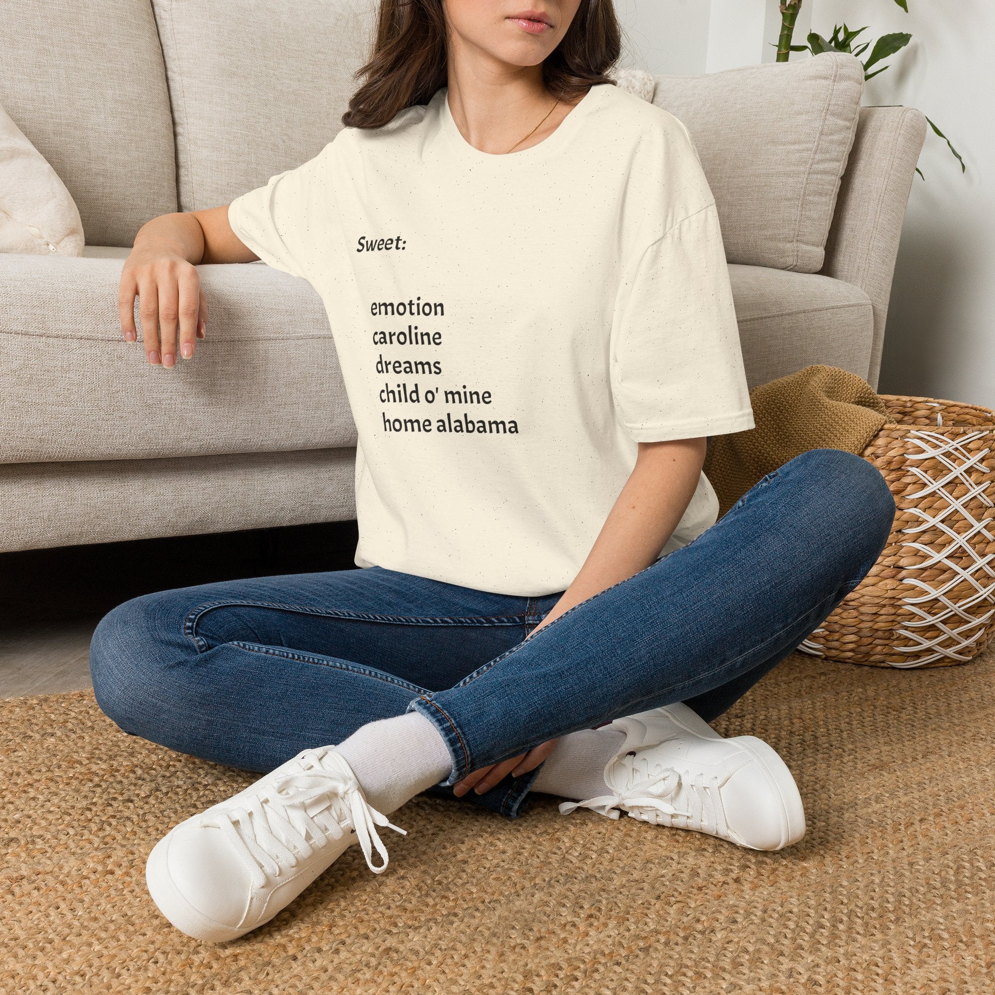 T-Shirt — Minimal “Sweet:” Tracklist Tee (emotion, caroline, dreams, child of mine, home alabama)