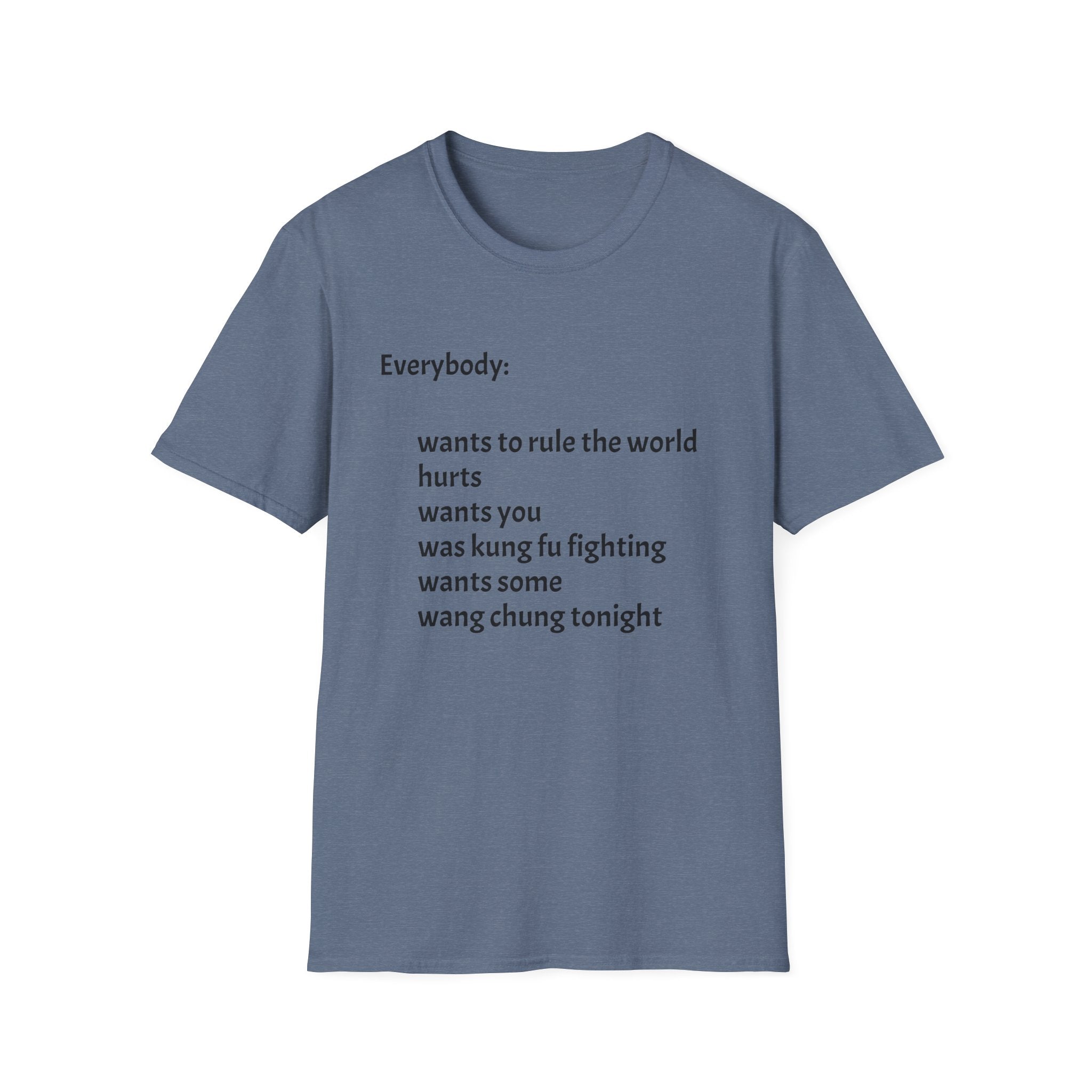 Funny Lyric Text T-Shirt — "Everybody: wants to rule the world..."