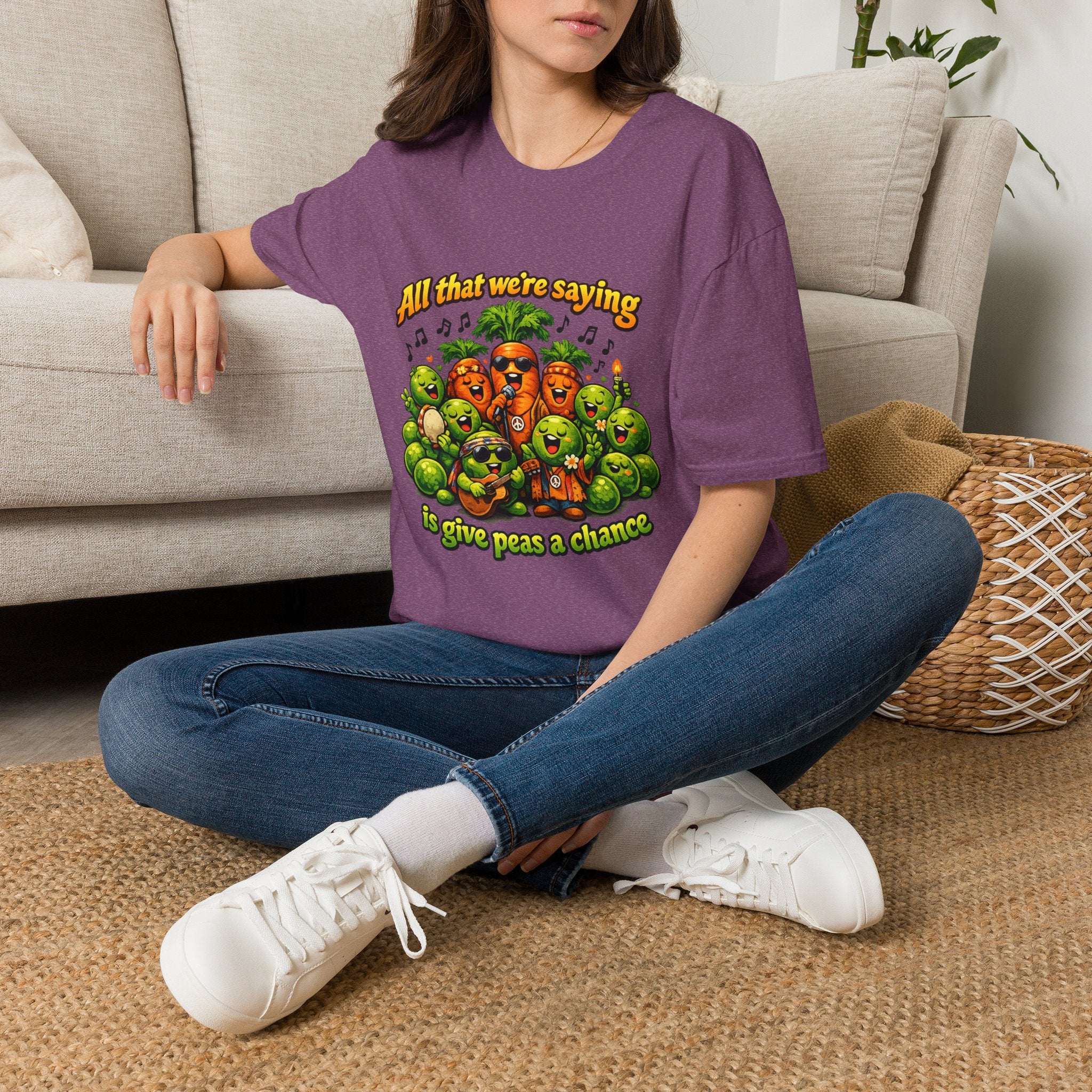 Give Peas a Chance Funny Vegetable Pun T-Shirt | Singing Peas & Carrots Retro Graphic Tee