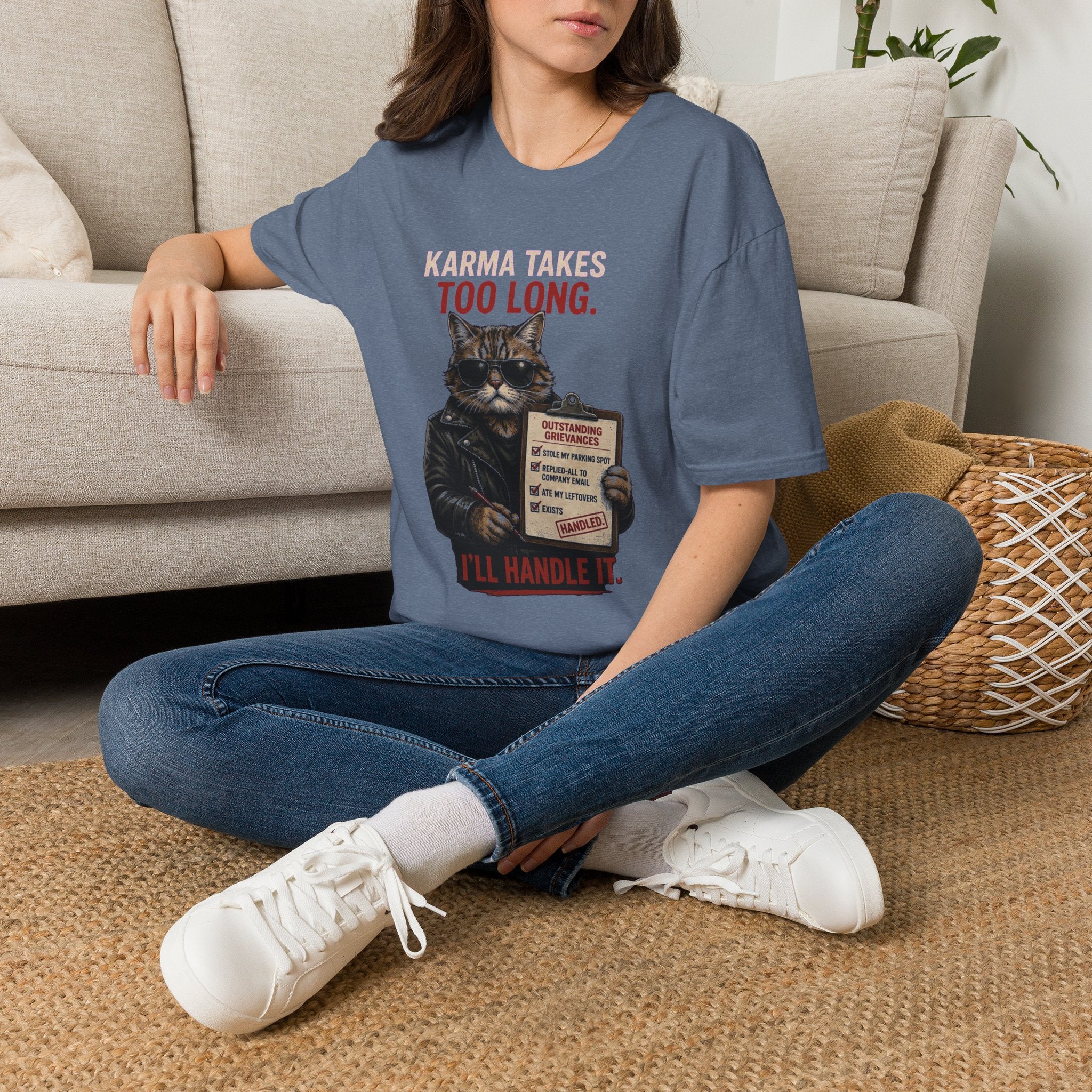 Cat Graphic T-Shirt — "Karma Takes Too Long" Funny Vintage Cat Tee