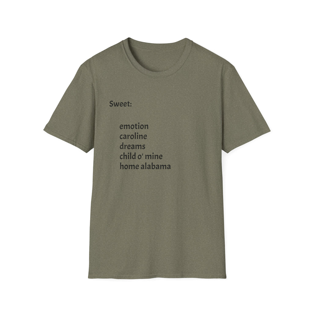 T-Shirt — Minimal “Sweet:” Tracklist Tee (emotion, caroline, dreams, child of mine, home alabama)