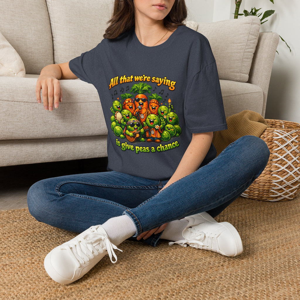 Give Peas a Chance Funny Vegetable Pun T-Shirt | Singing Peas & Carrots Retro Graphic Tee