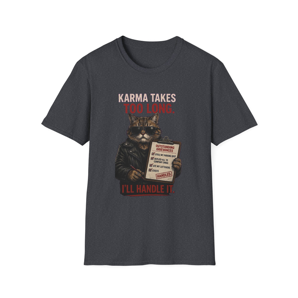 Cat Graphic T-Shirt — "Karma Takes Too Long" Funny Vintage Cat Tee