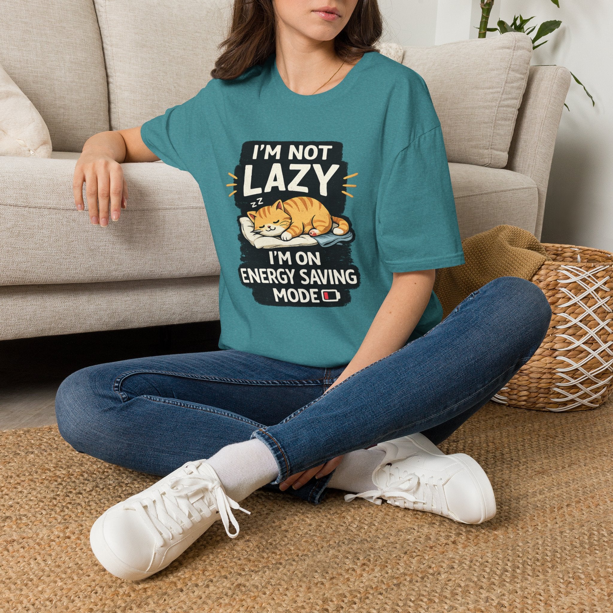 I'm Not Lazy Cat T-Shirt - "I'm On Energy Saving Mode" Funny Cat Graphic Tee