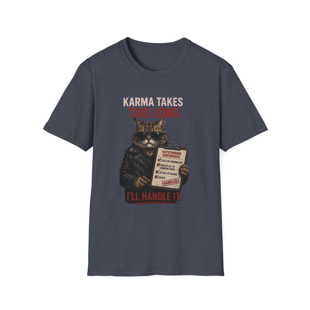 Cat Graphic T-Shirt — "Karma Takes Too Long" Funny Vintage Cat Tee