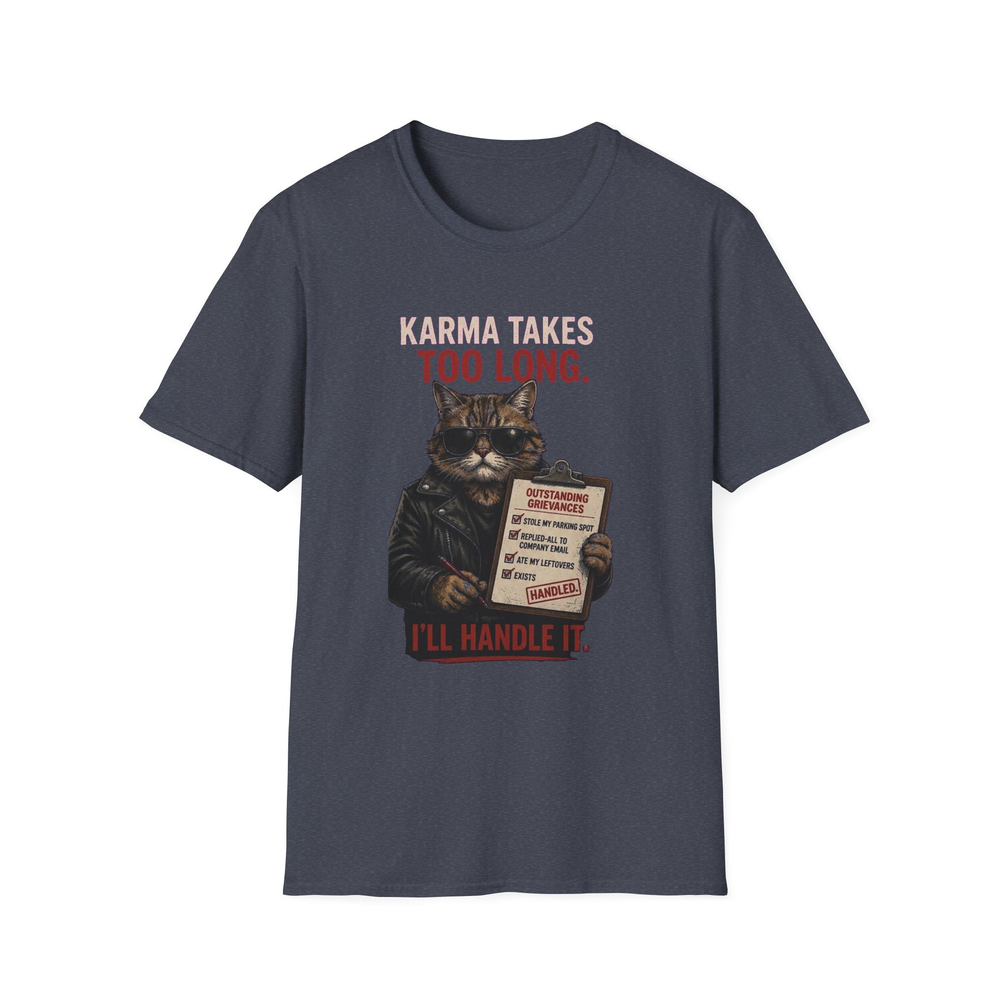 Cat Graphic T-Shirt — "Karma Takes Too Long" Funny Vintage Cat Tee