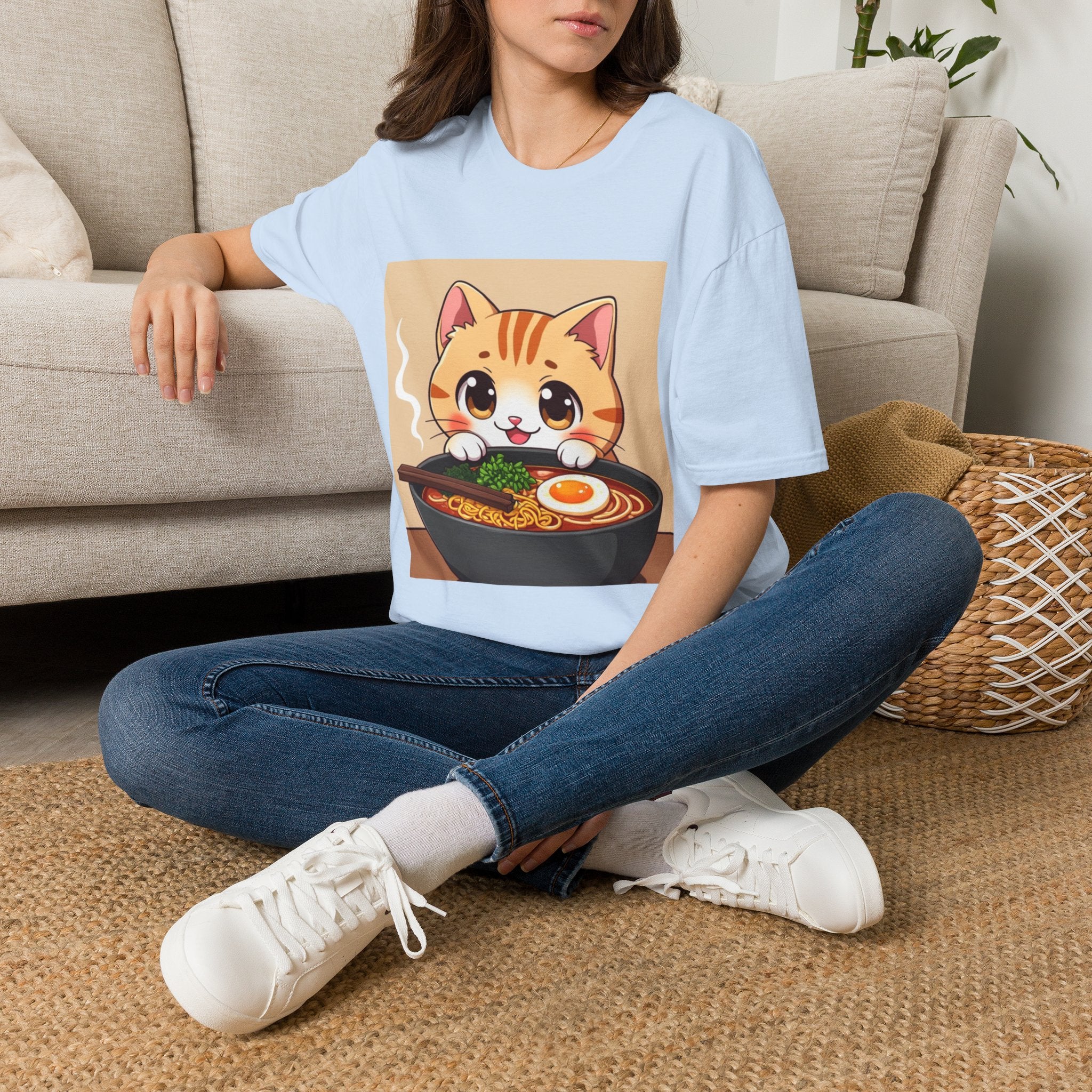 Kawaii Cat with Ramen Bowl T-Shirt | Cute Neko Ramen Tee