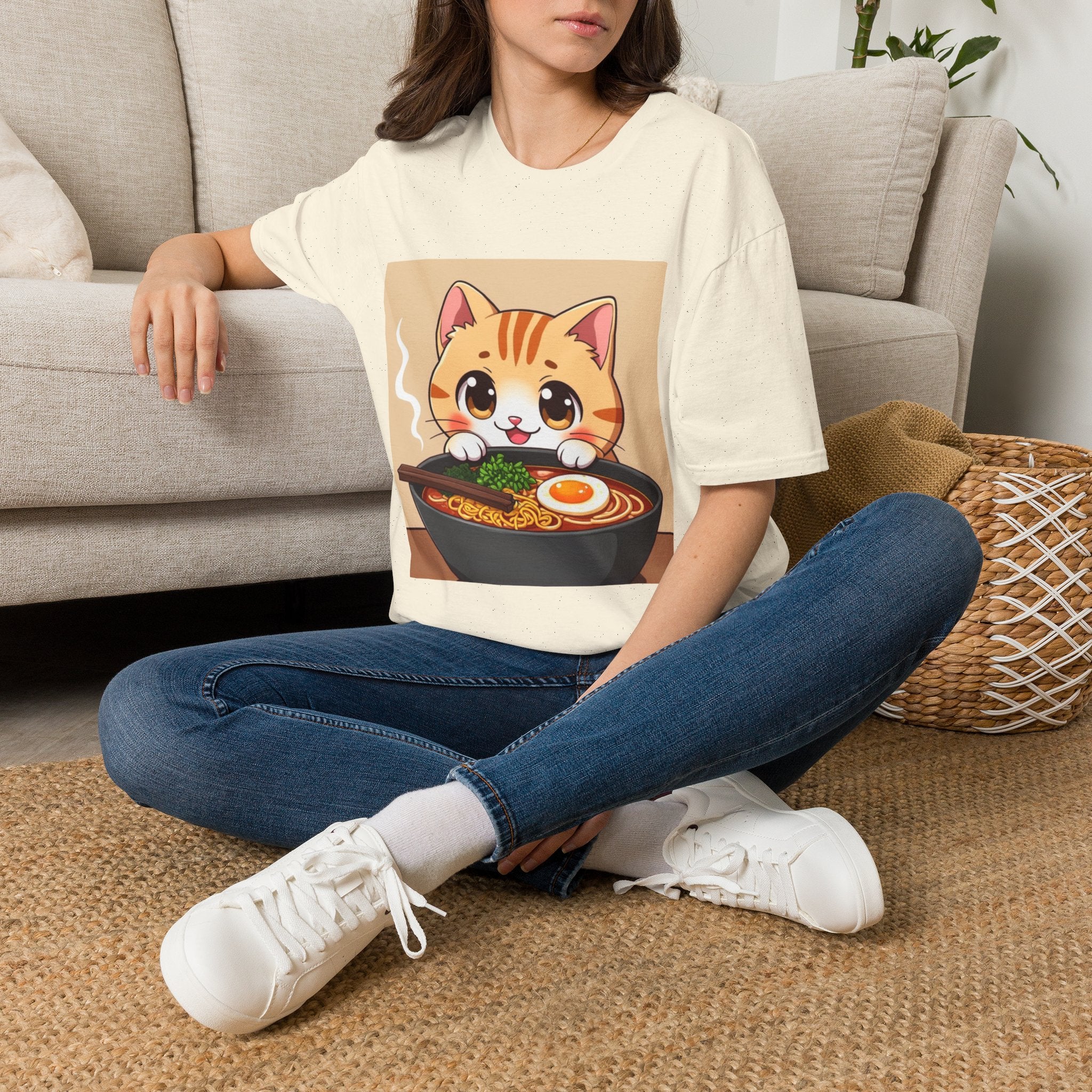 Kawaii Cat with Ramen Bowl T-Shirt | Cute Neko Ramen Tee