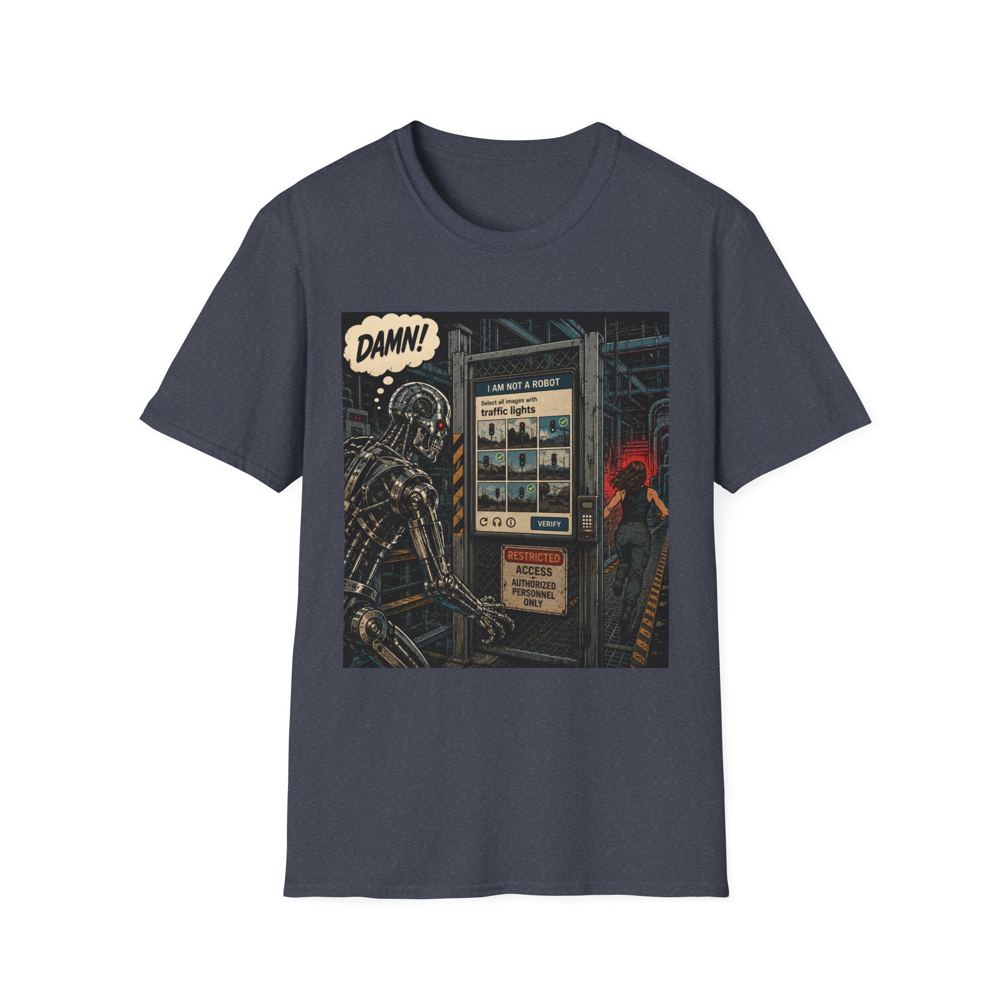 Retro Robot Comic T-Shirt — "DAMN! I Am Not a Robot" Graphic Tee