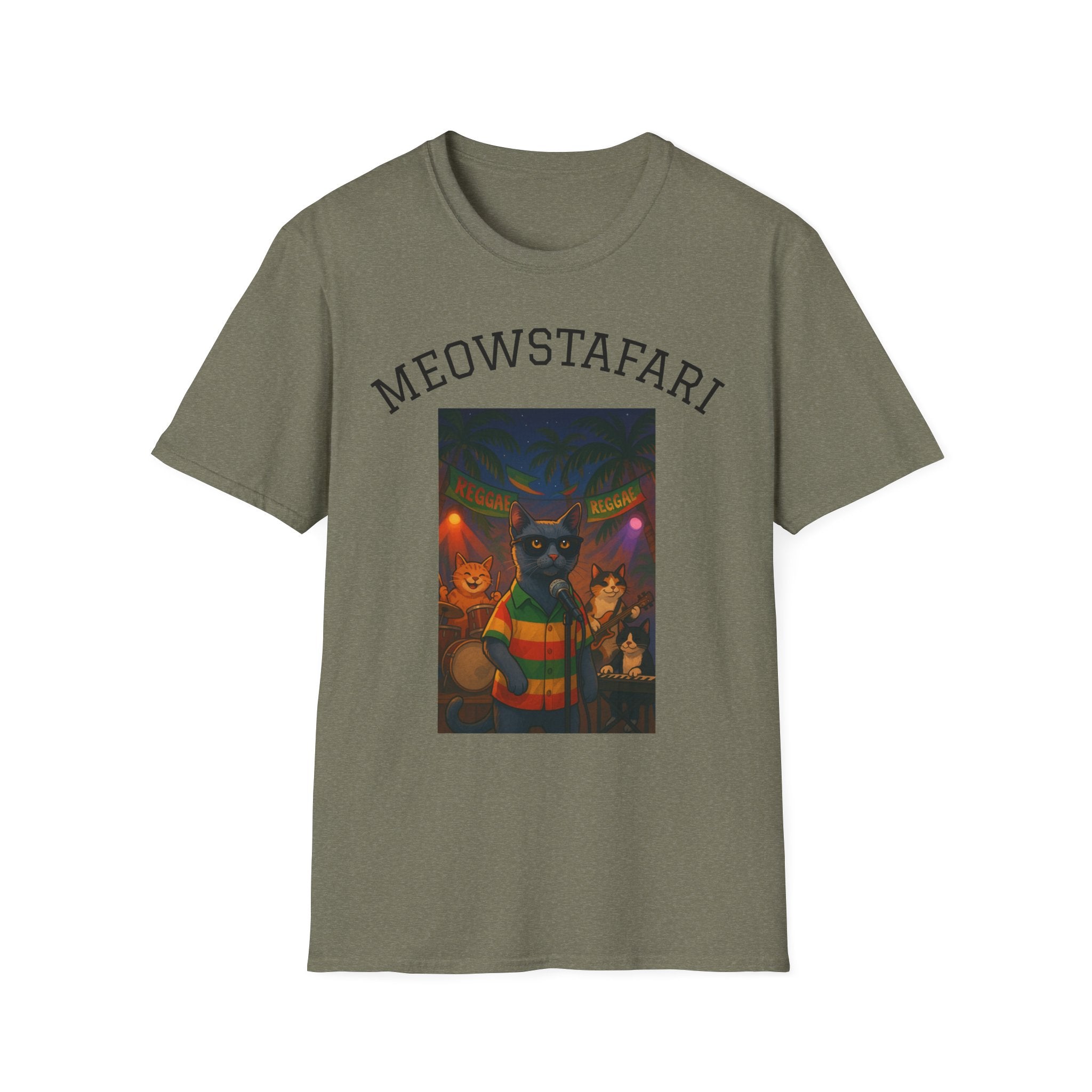 Reggae Cats Unisex Softstyle T-Shirt, Meowstafari Tee, Cat Lovers Shirt, Music Festival Apparel, Rasta Feline Top