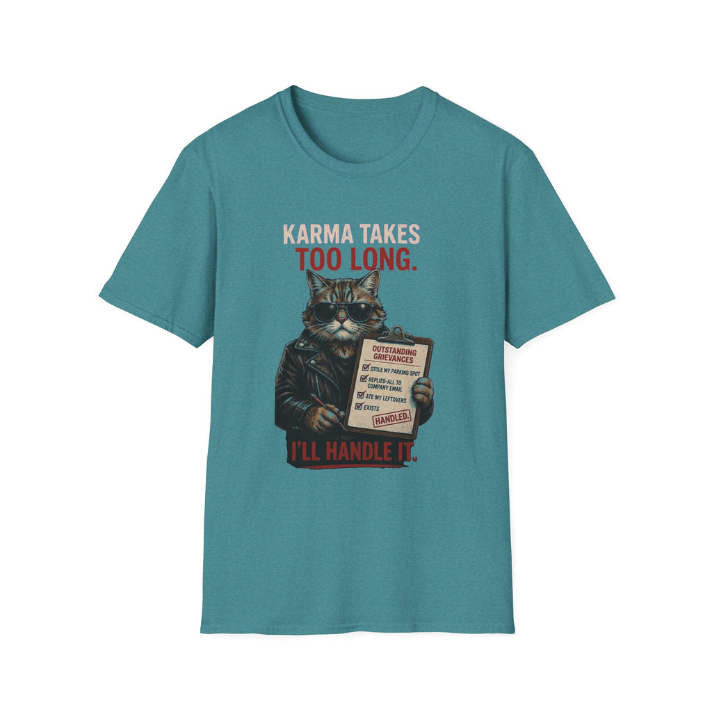 Cat Graphic T-Shirt — "Karma Takes Too Long" Funny Vintage Cat Tee