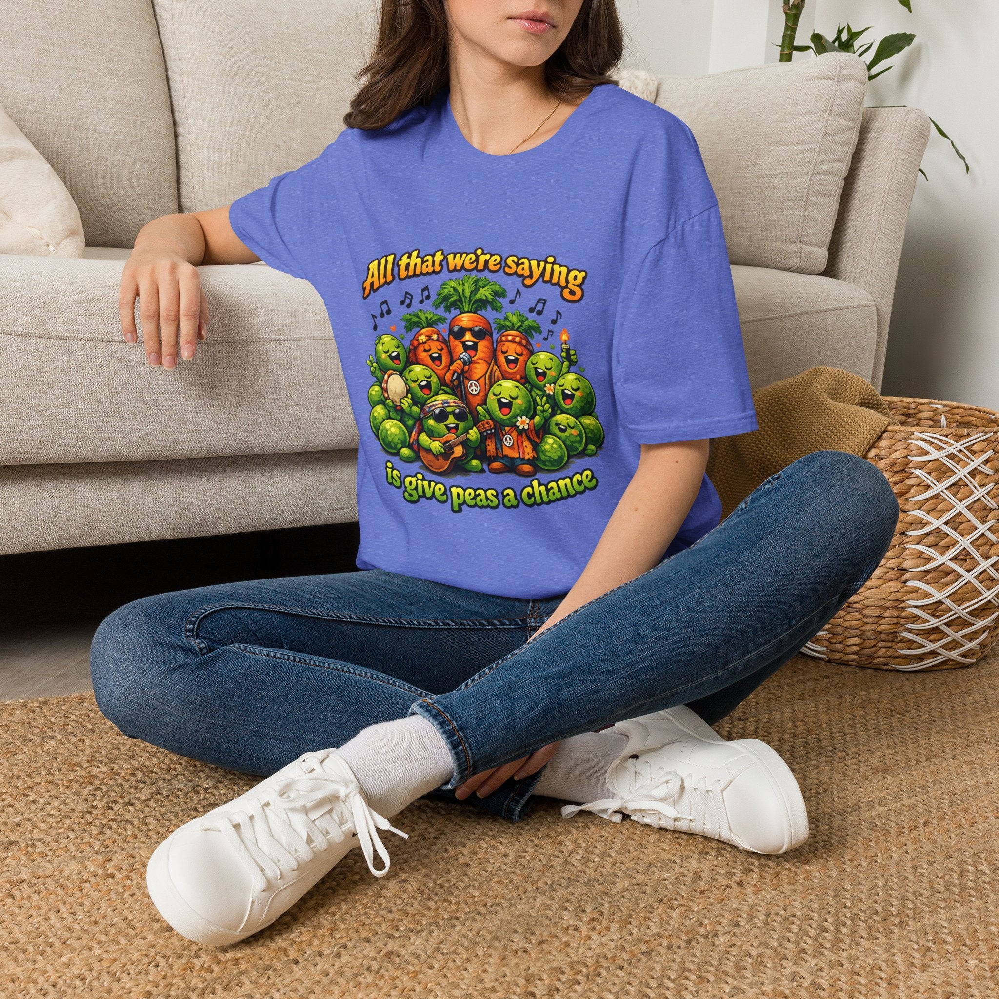 Give Peas a Chance Funny Vegetable Pun T-Shirt | Singing Peas & Carrots Retro Graphic Tee