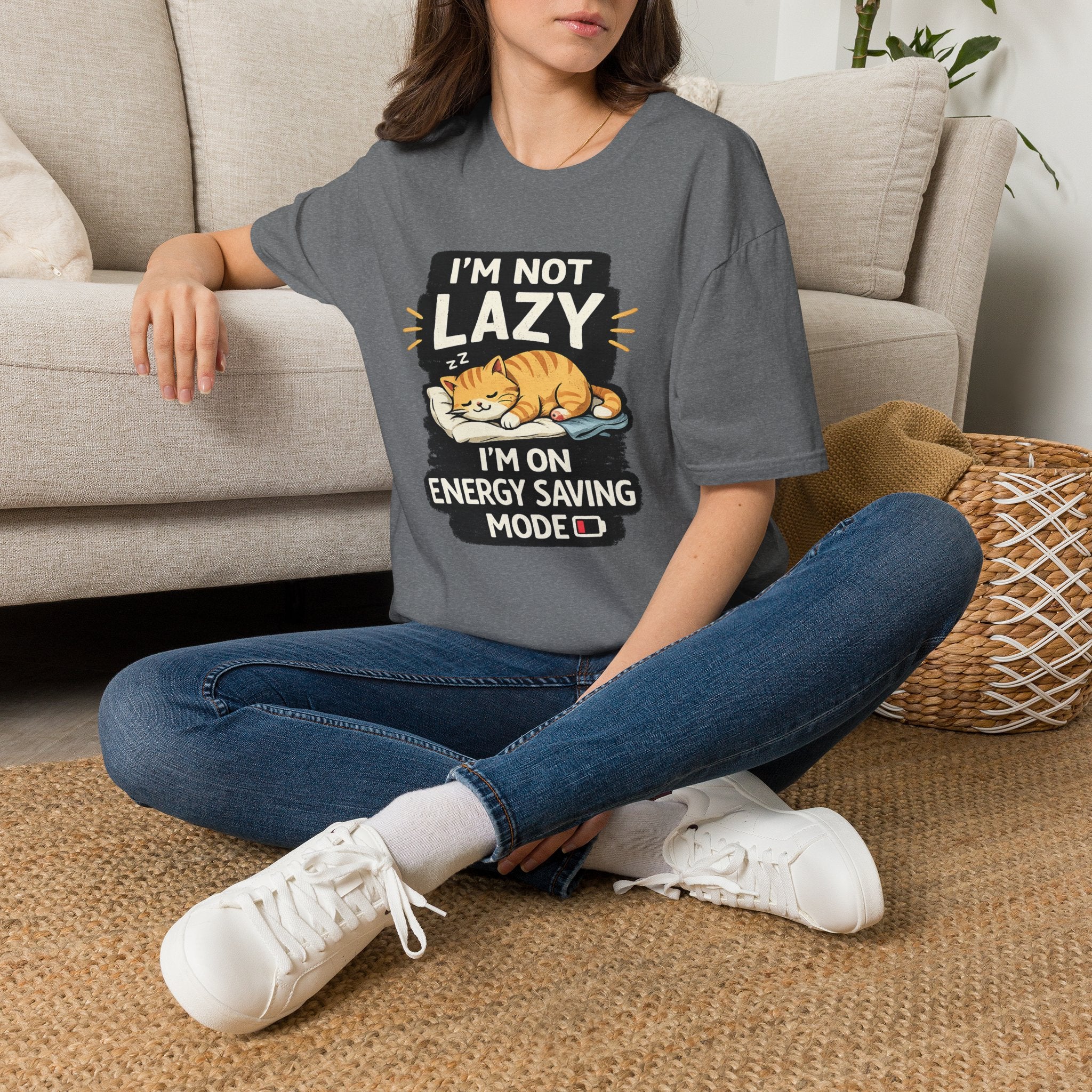 I'm Not Lazy Cat T-Shirt - "I'm On Energy Saving Mode" Funny Cat Graphic Tee